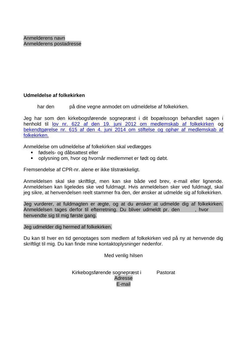 Skabelon til sognepræster vedrørende udmeldelse af folkekirken