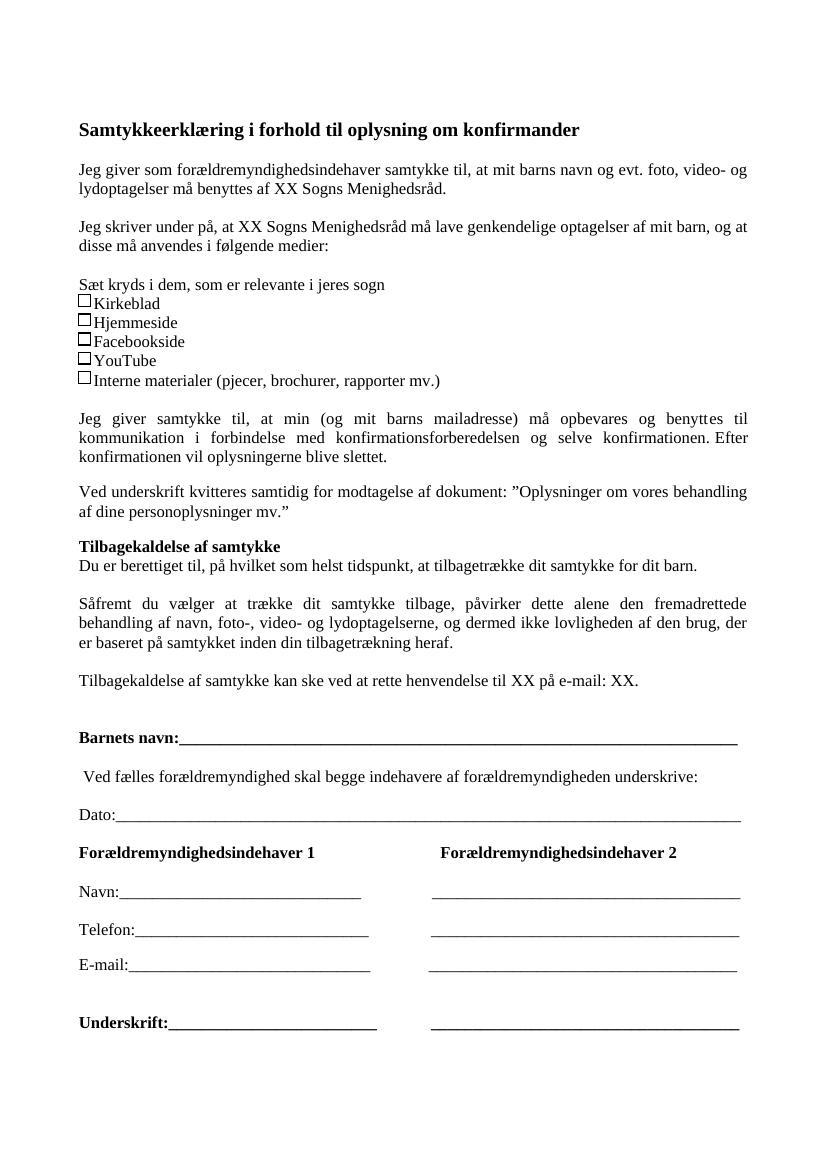 Samtykkeerklæring oplysninger om konfirmander