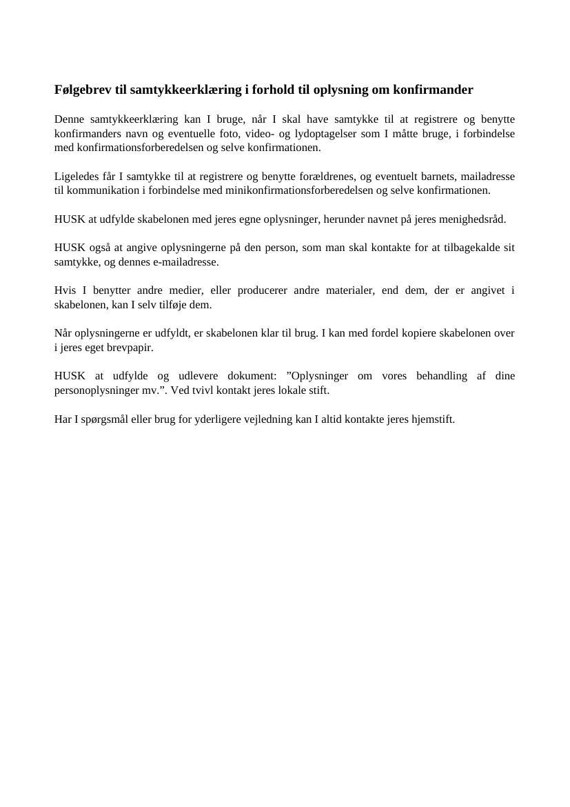 Følgebrev til samtykkeerklæring i forhold til oplysning om konfirmander