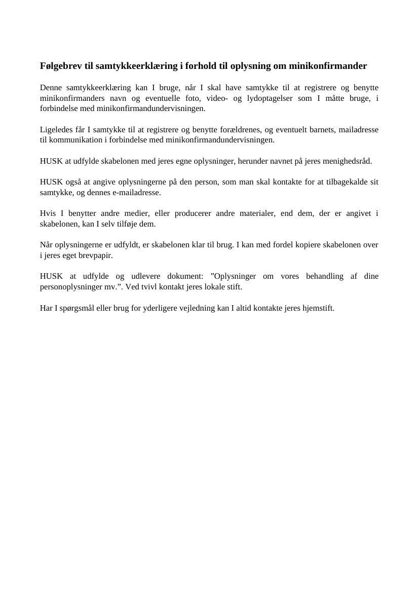 Følgebrev til samtykkeerklæring i forhold til oplysning om minikonfirmander