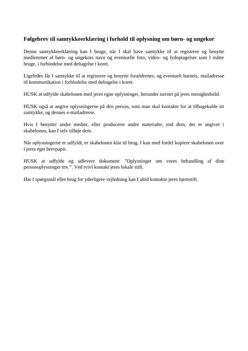 Følgebrev til samtykkeerklæring i forhold til børn- og ungekor