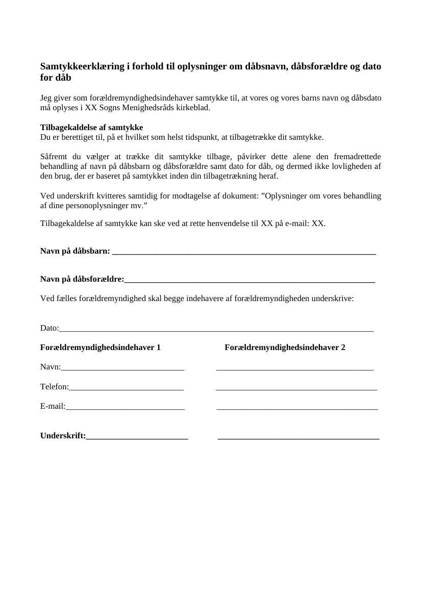 Samtykkeerklæring oplysninger om dåbsnavn dåbsforældre og dato for dåb